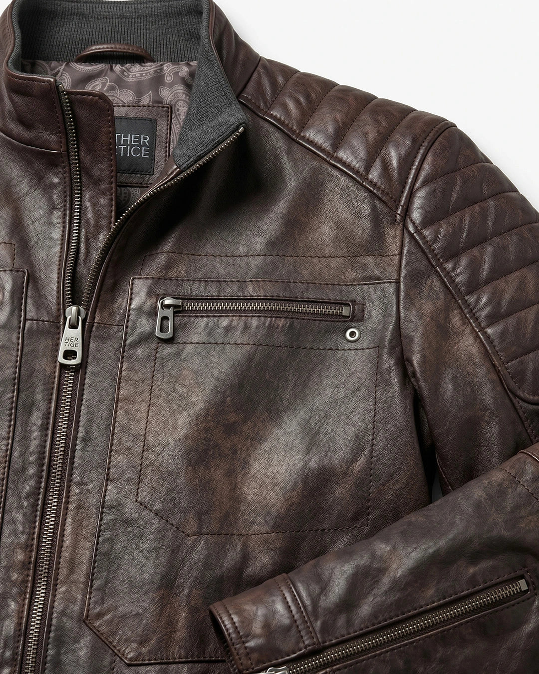 Brown leather jacket with zippers on a white background