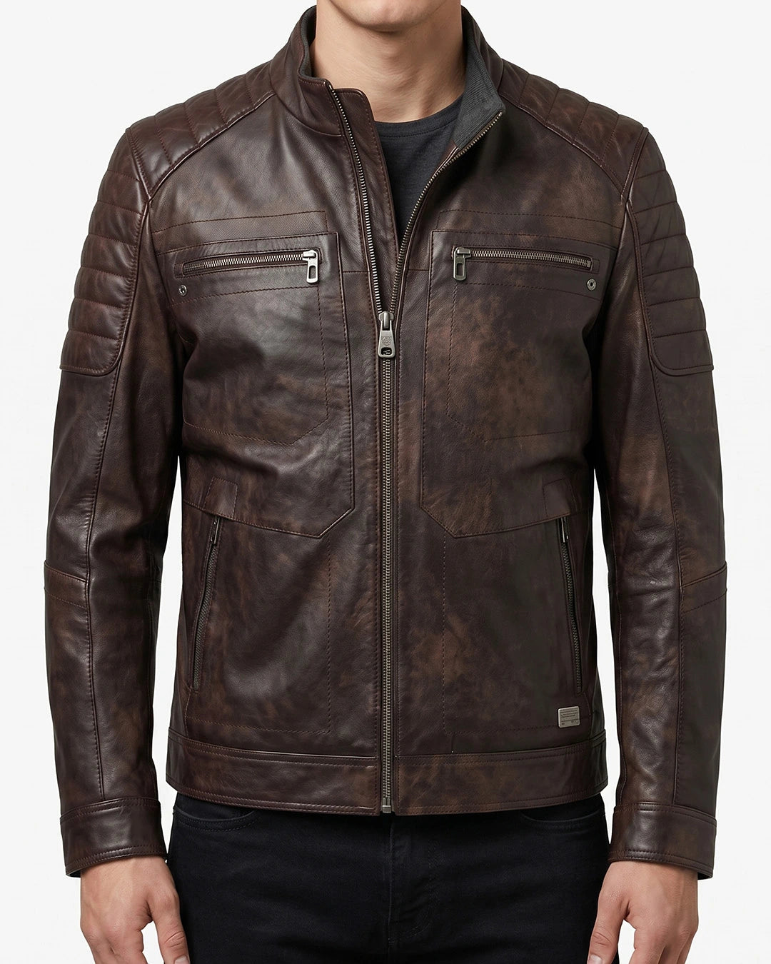 Men's Brown Distressed Leather Biker Jacket - Image 1