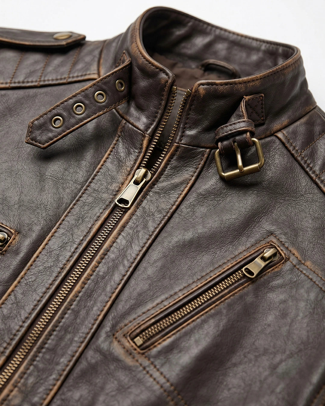 Close-up of a brown leather jacket with zippers and buckles on a white background