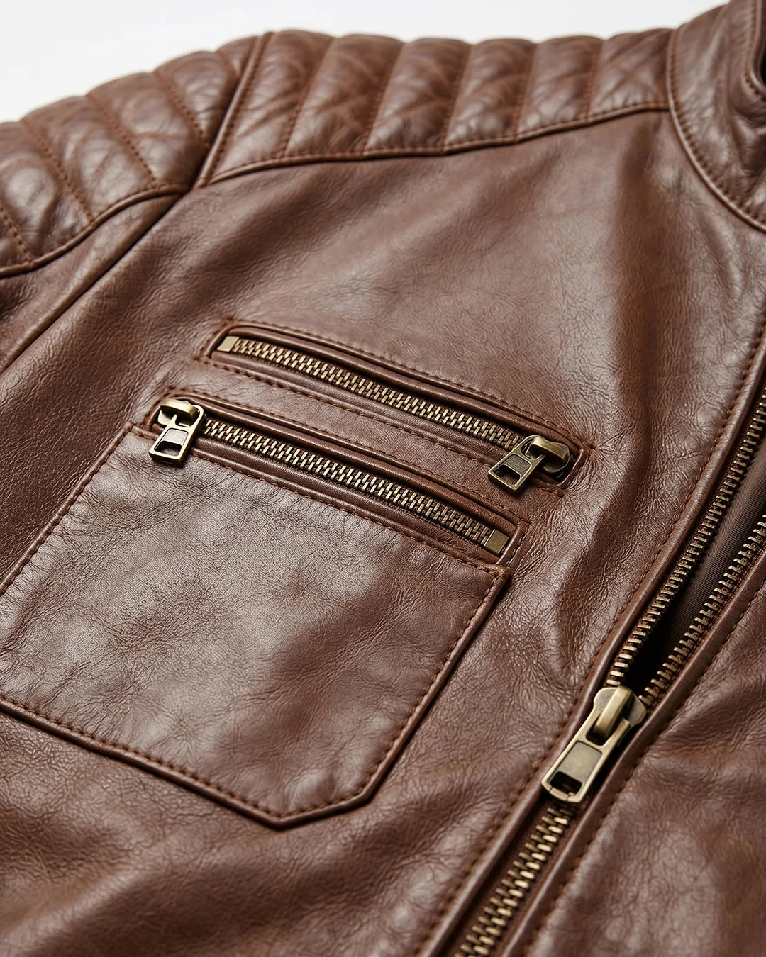 Close-up of a brown leather jacket with gold zipper details