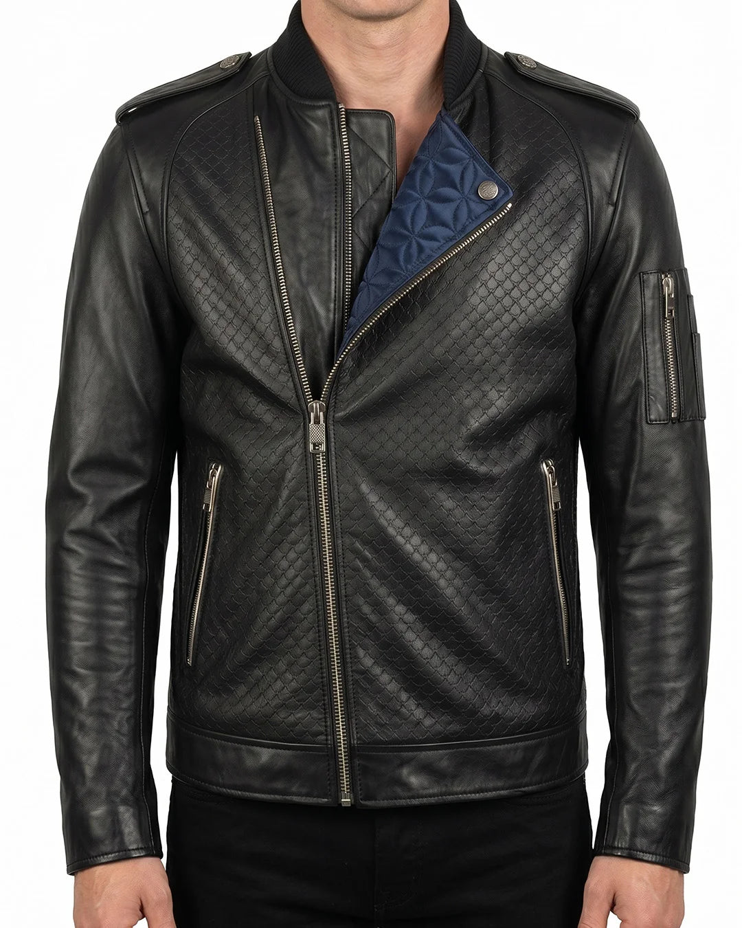 Men's Black Embossed Leather Bomber Biker Jacket - Image 1