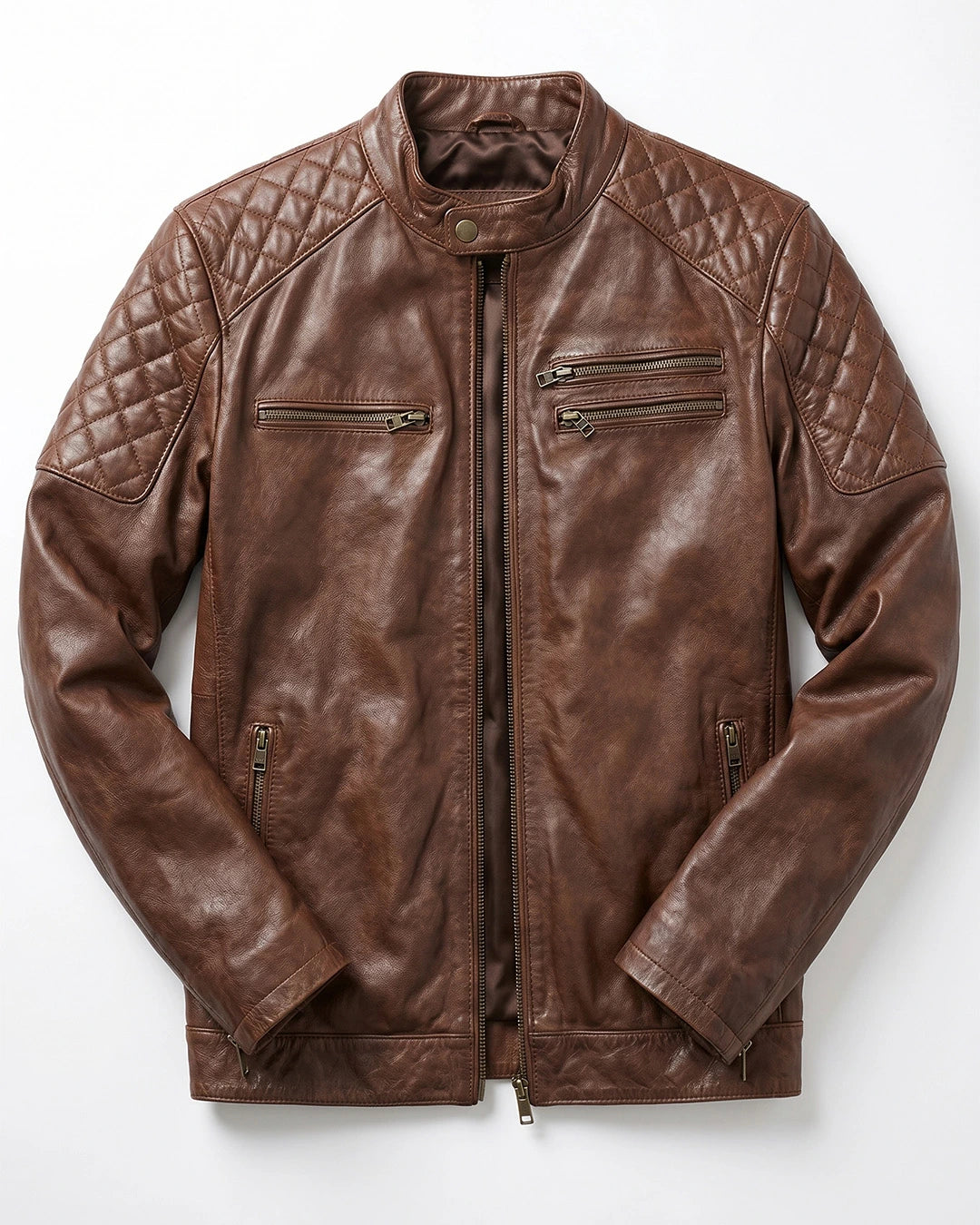 Brown leather jacket with quilted details on a white background
