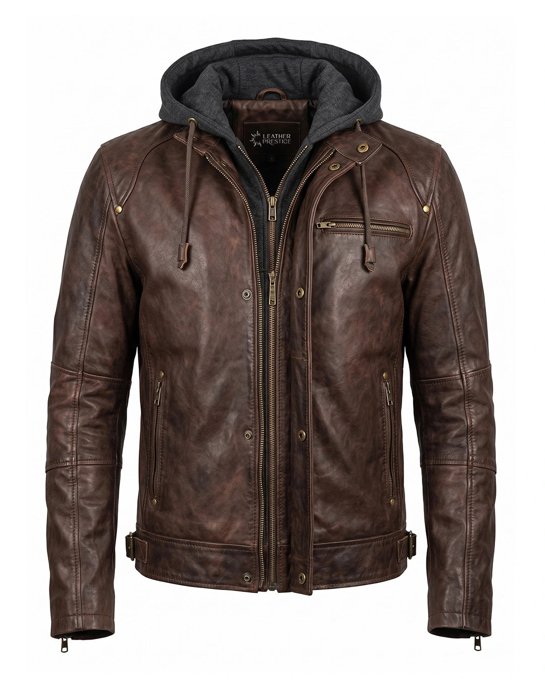 Brown leather jacket with a hood on a white background