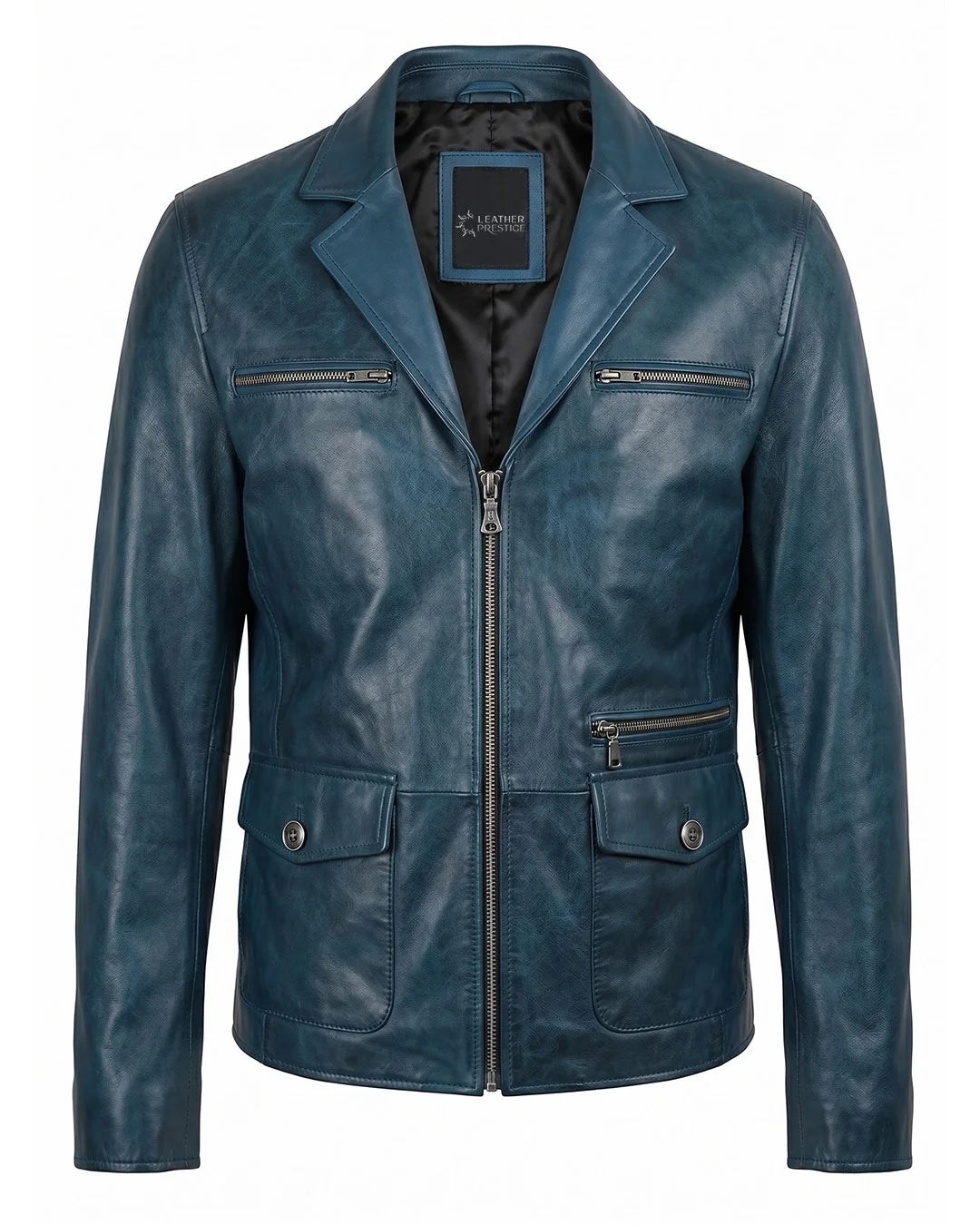 Blue leather jacket with a brand label on a white background