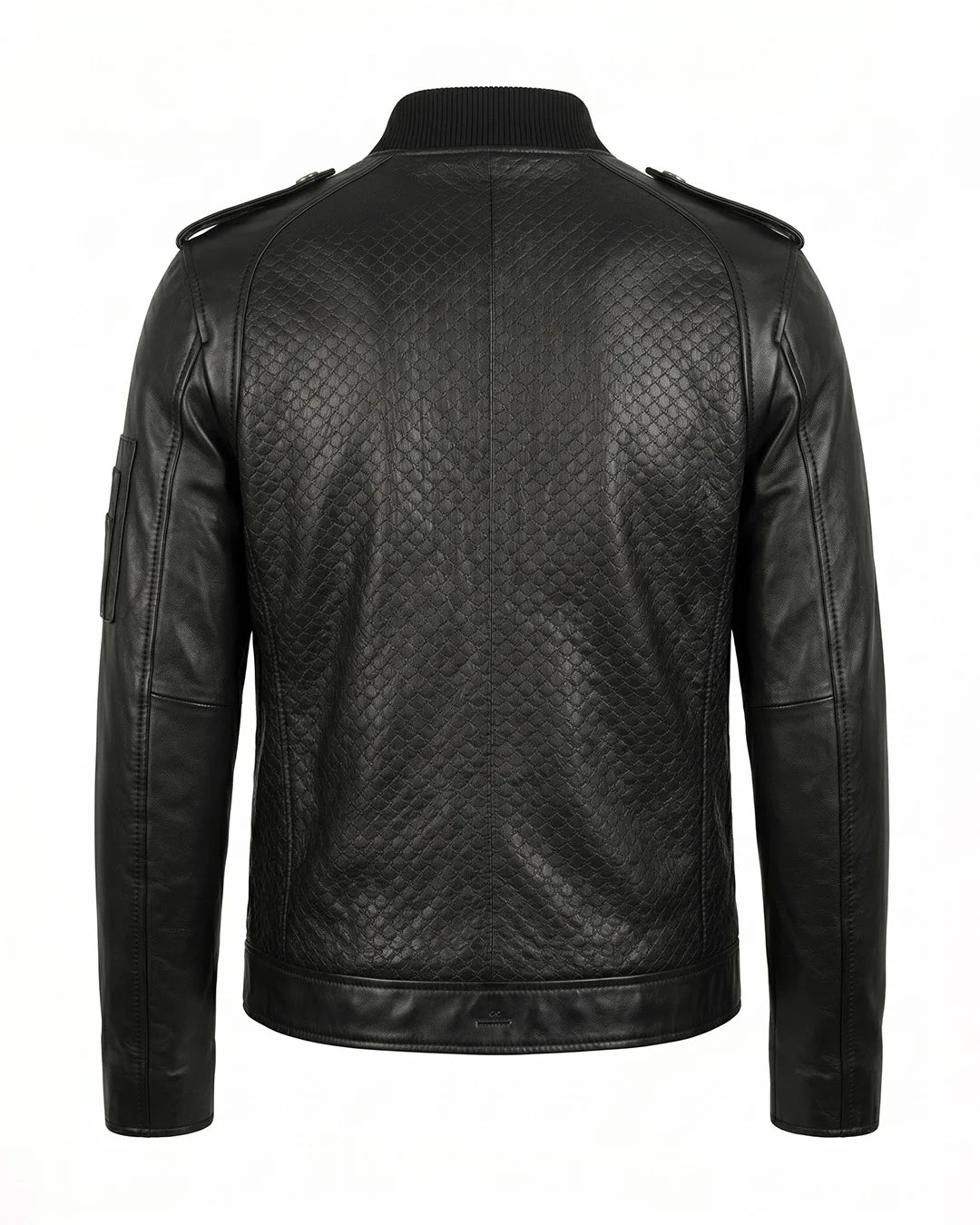 Black leather jacket with quilted pattern on a white background
