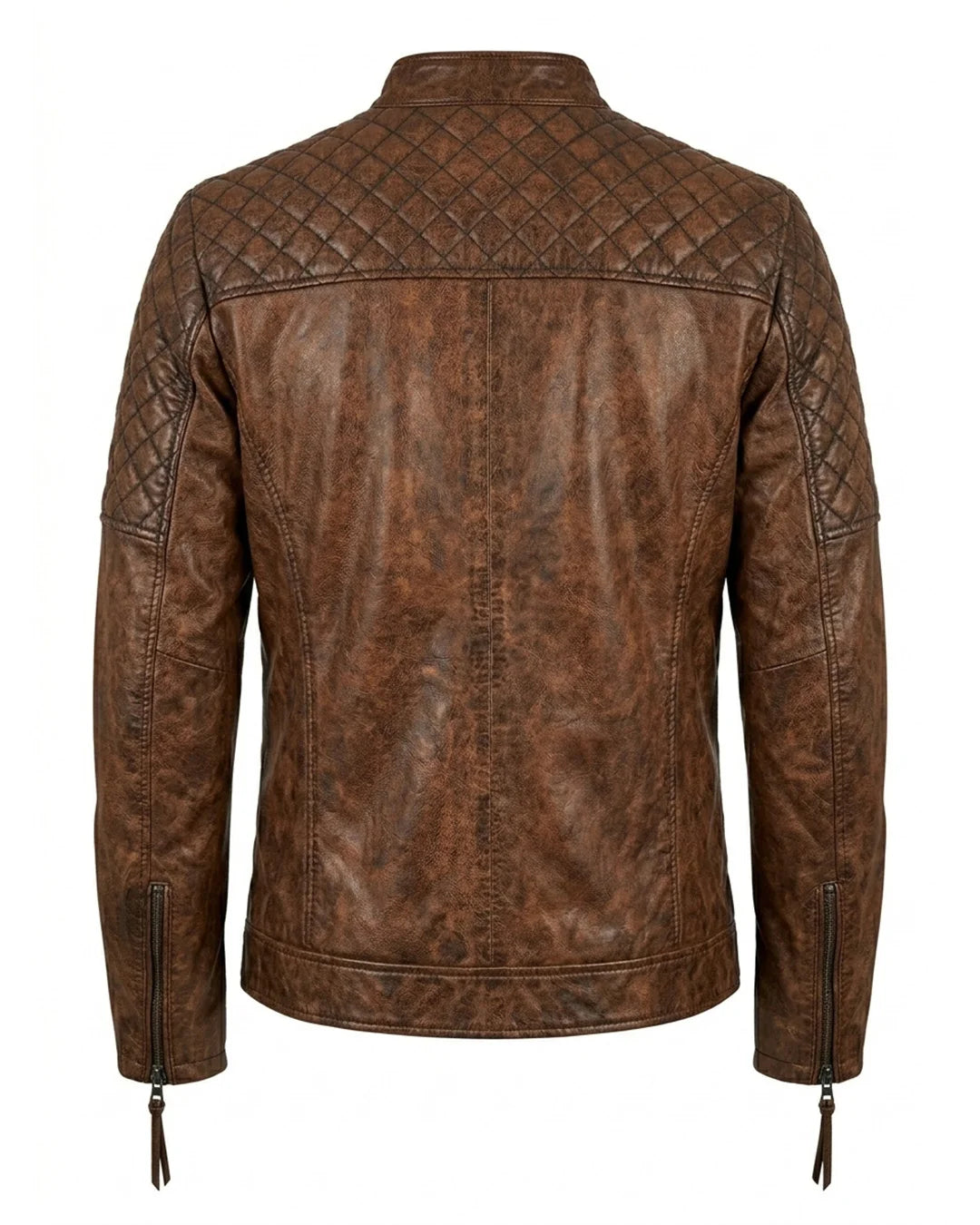 Brown leather jacket with quilted design on a white background