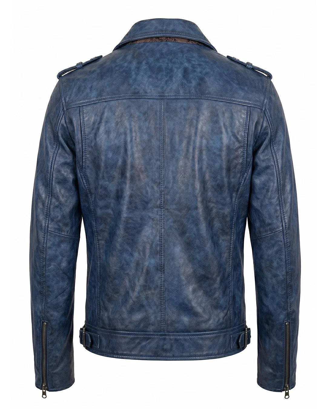 Blue leather jacket on a white background