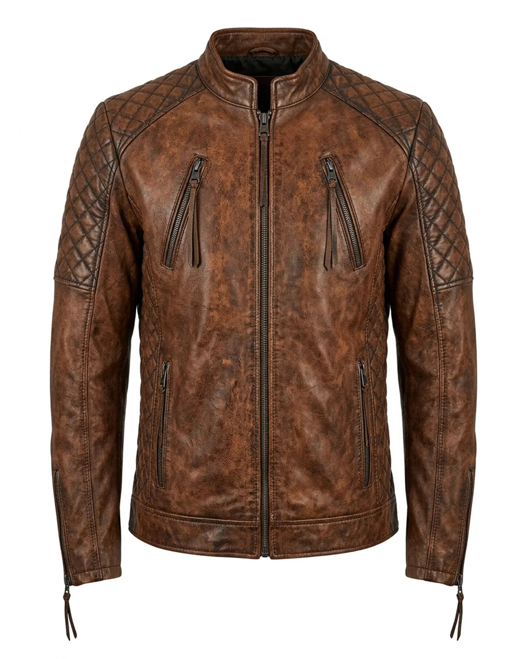 Brown leather jacket with quilted design on a white background