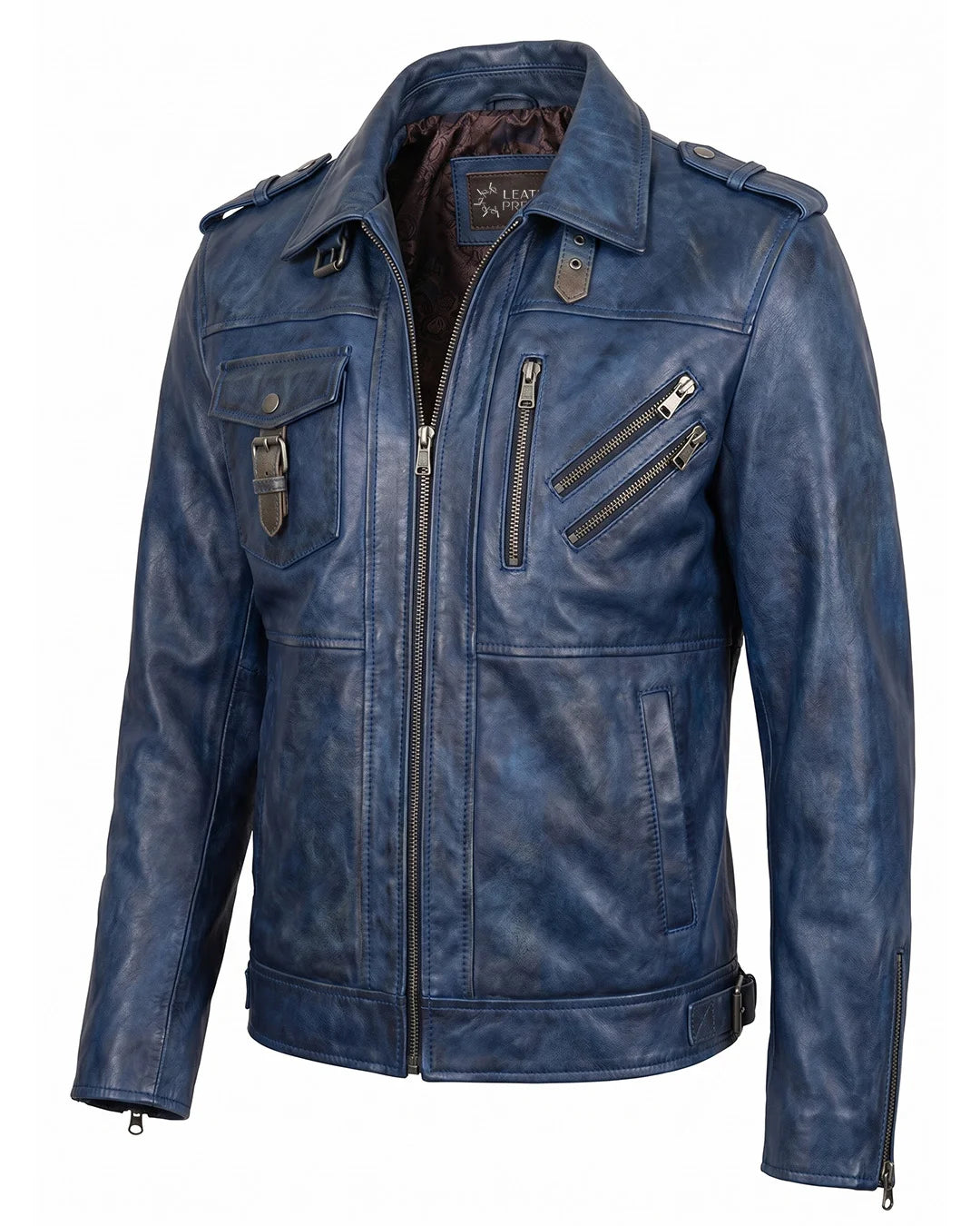 Blue leather jacket with zippers on a white background