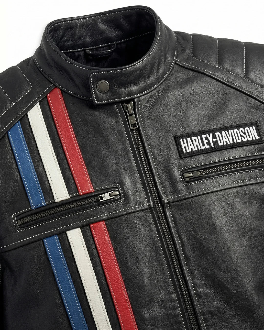 Harley-Davidson leather jacket with colorful stripes on a white background