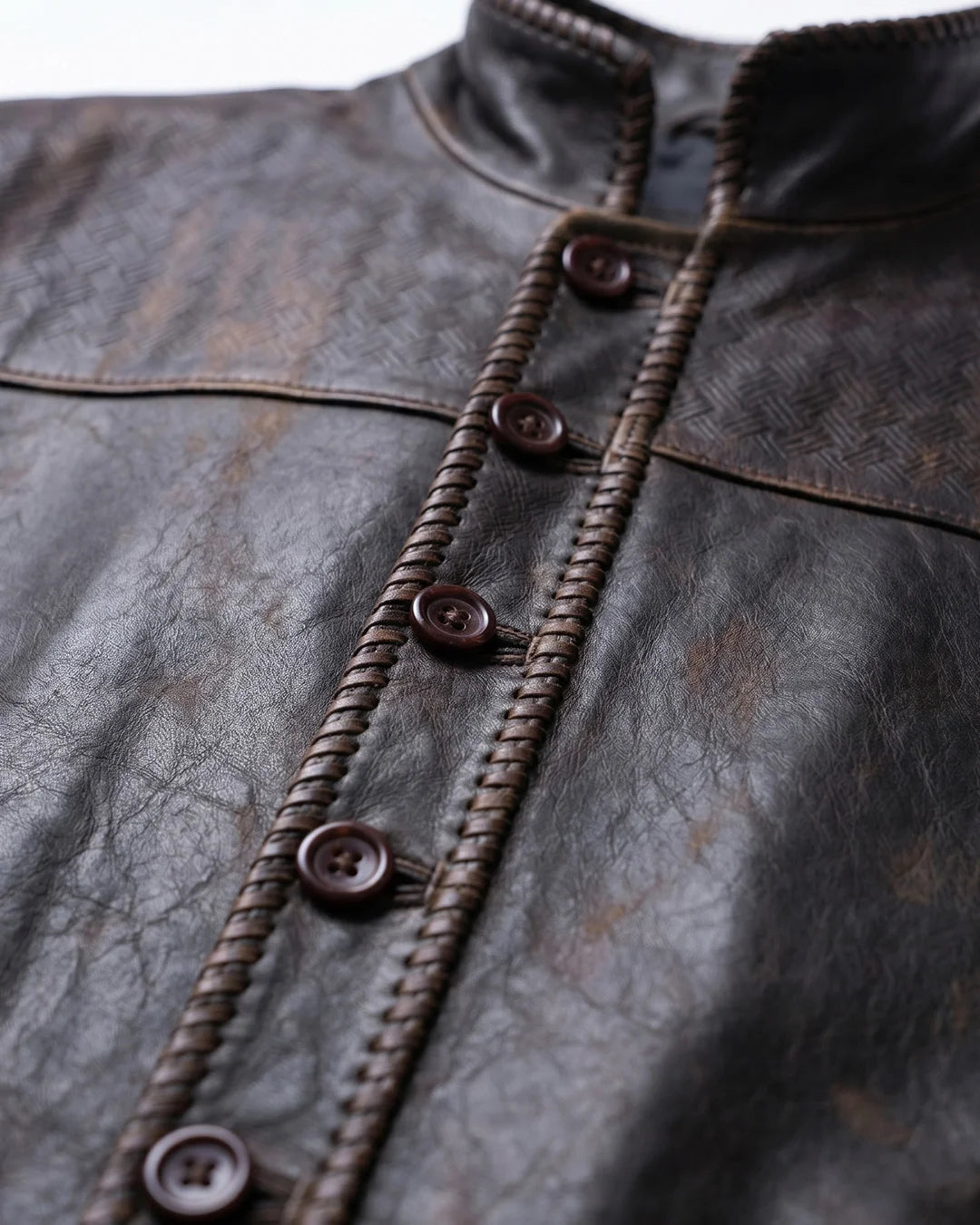 Close-up of a leather jacket with buttons and a textured pattern.