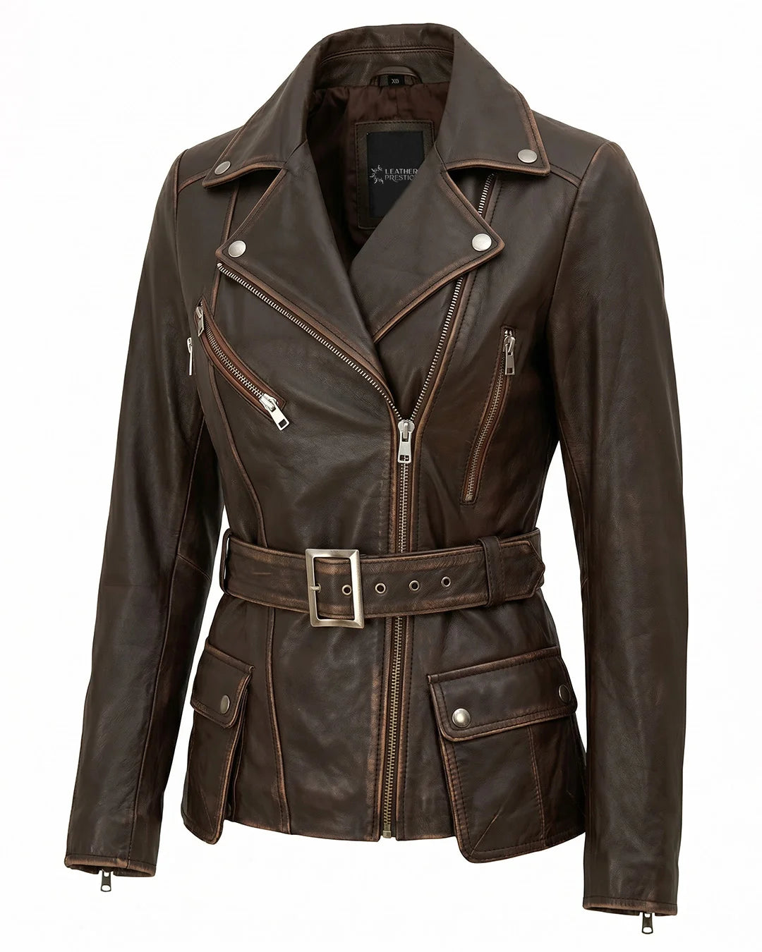 Brown leather jacket with zippers and a belt on a white background