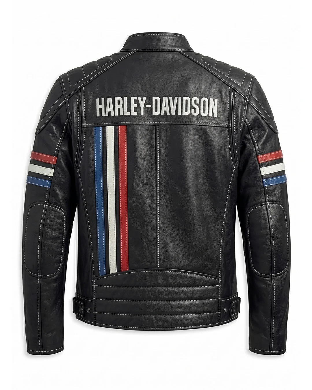 Black leather jacket with Harley-Davidson logo and racing stripes on a white background