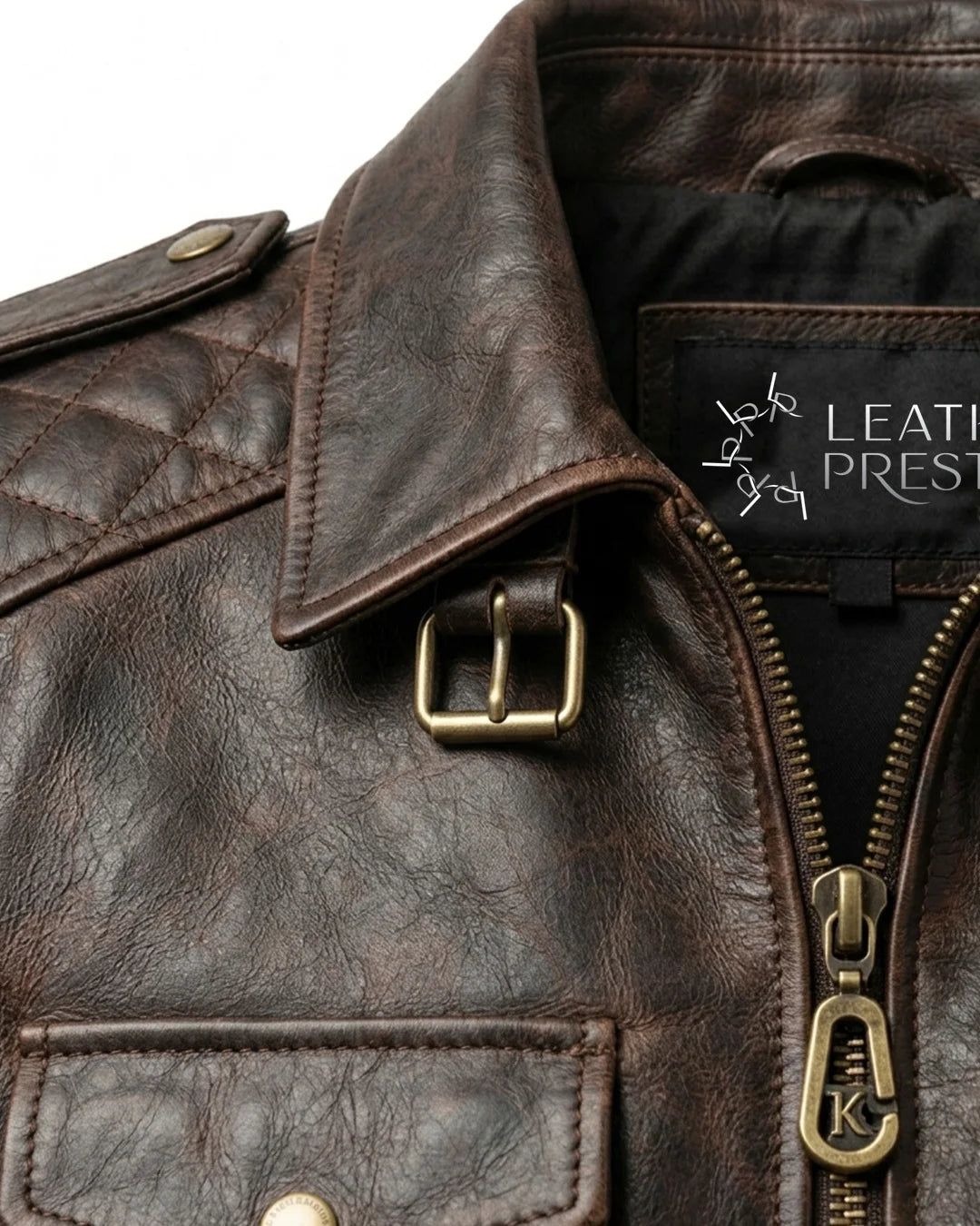 Close-up of a brown leather jacket with brass zippers and buttons, featuring the 'Leather Prestige' brand.