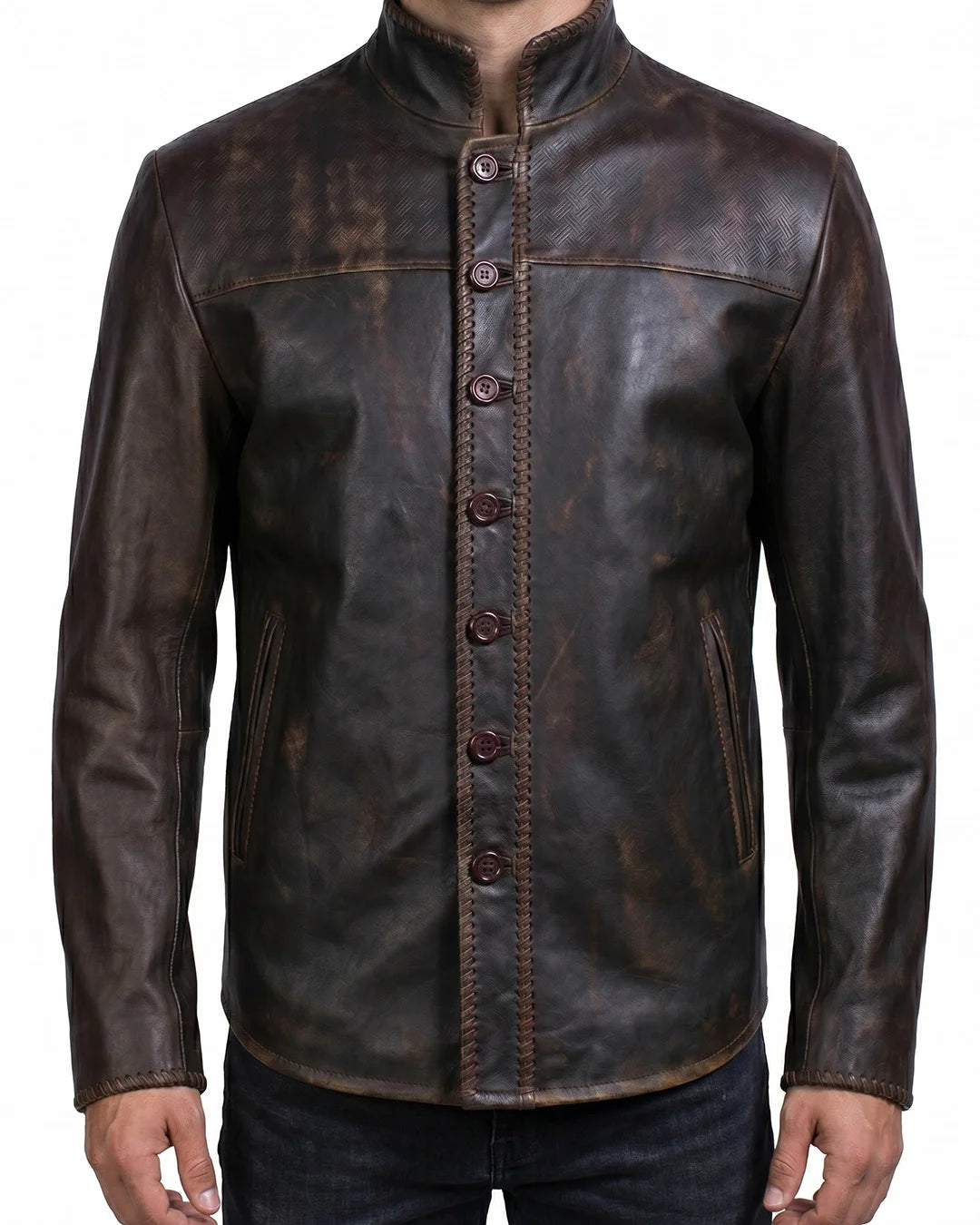 Men's Distressed Brown Braided Leather Jacket - Image 1