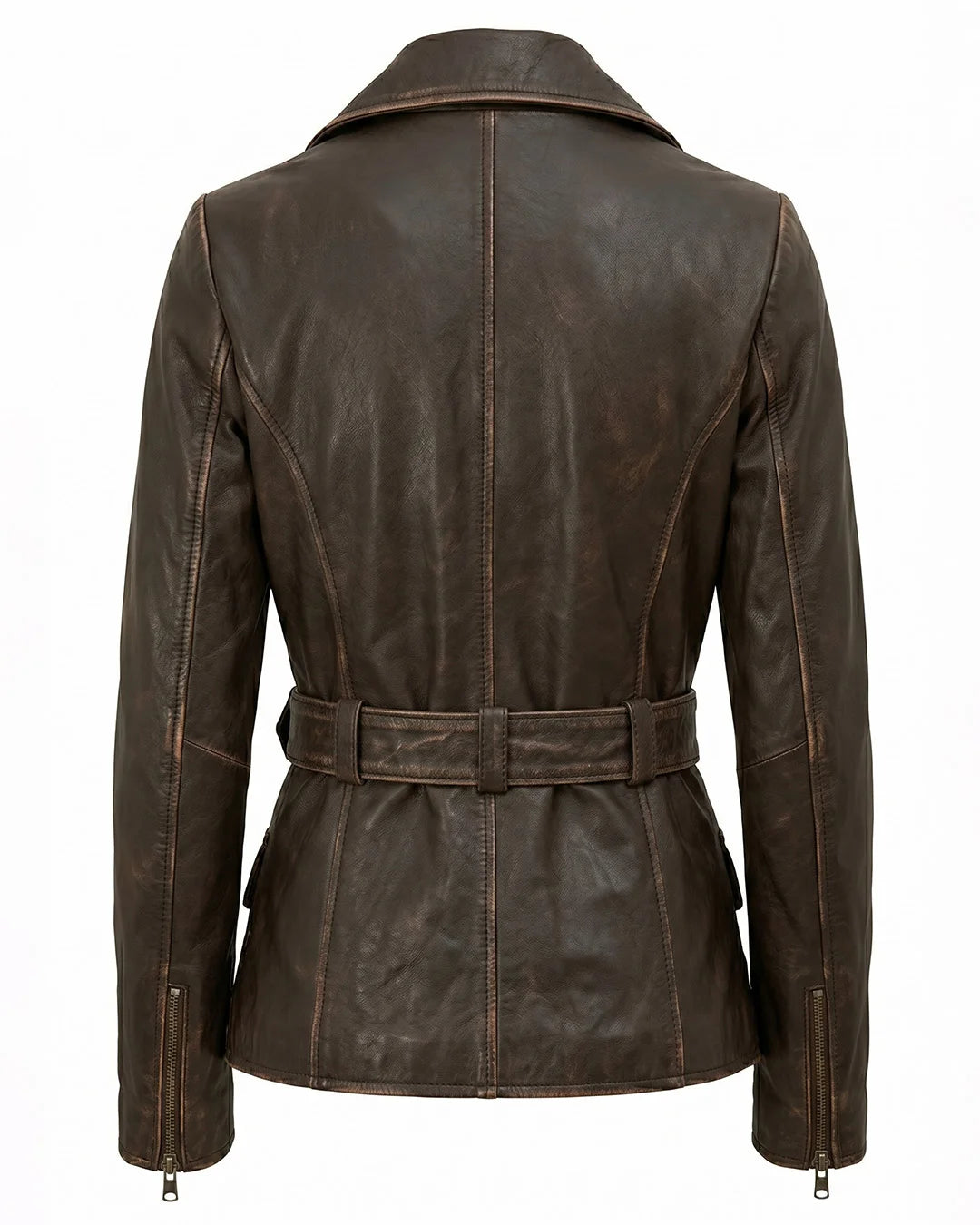 Brown leather jacket with a belt on a white background