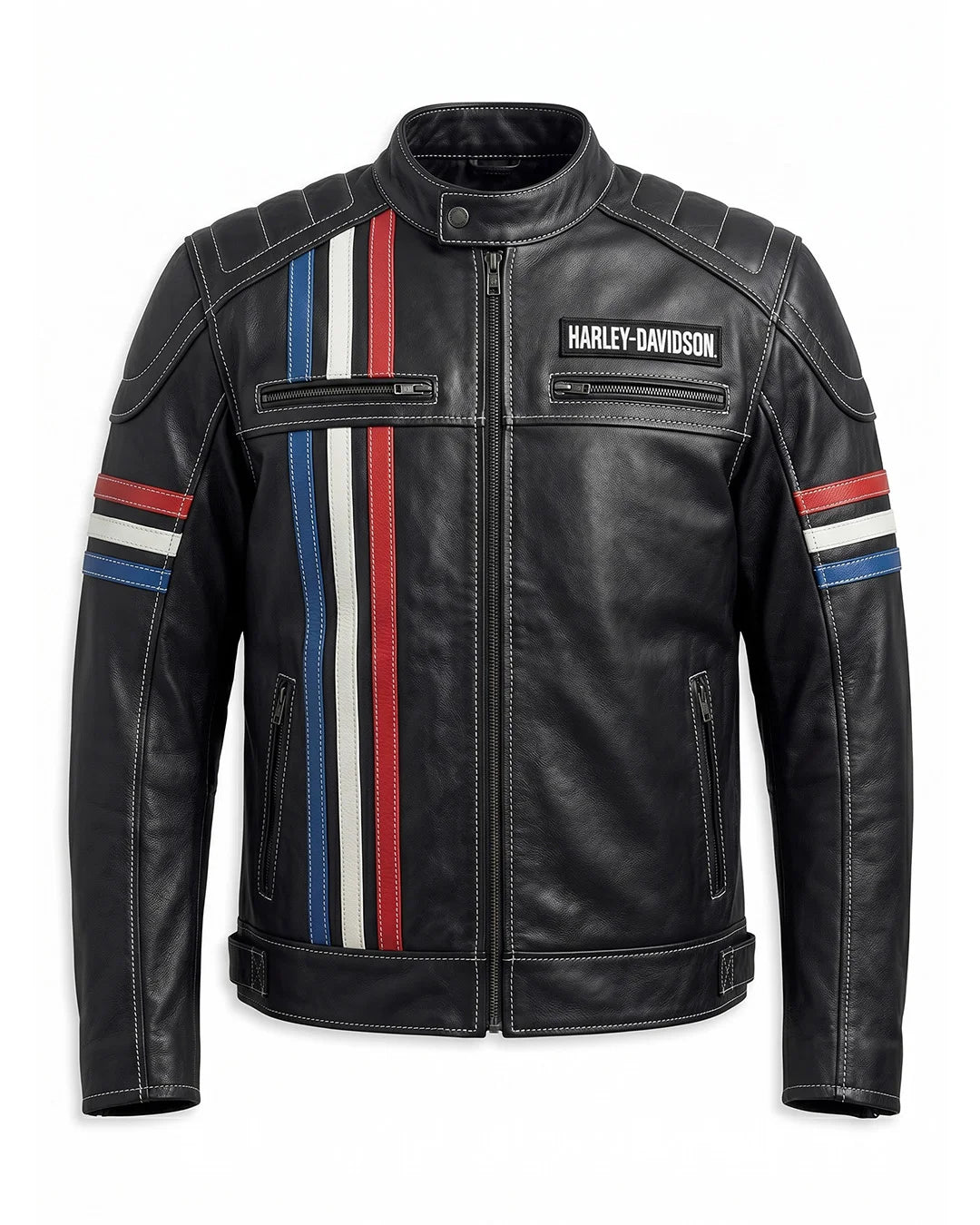 Black leather jacket with colorful stripes on sleeves and 'Harley-Davidson' logo on a white background