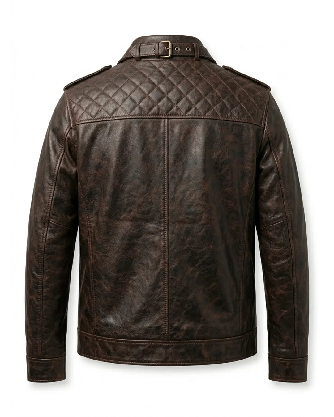 Brown leather jacket with quilted pattern on the back, displayed against a white background.