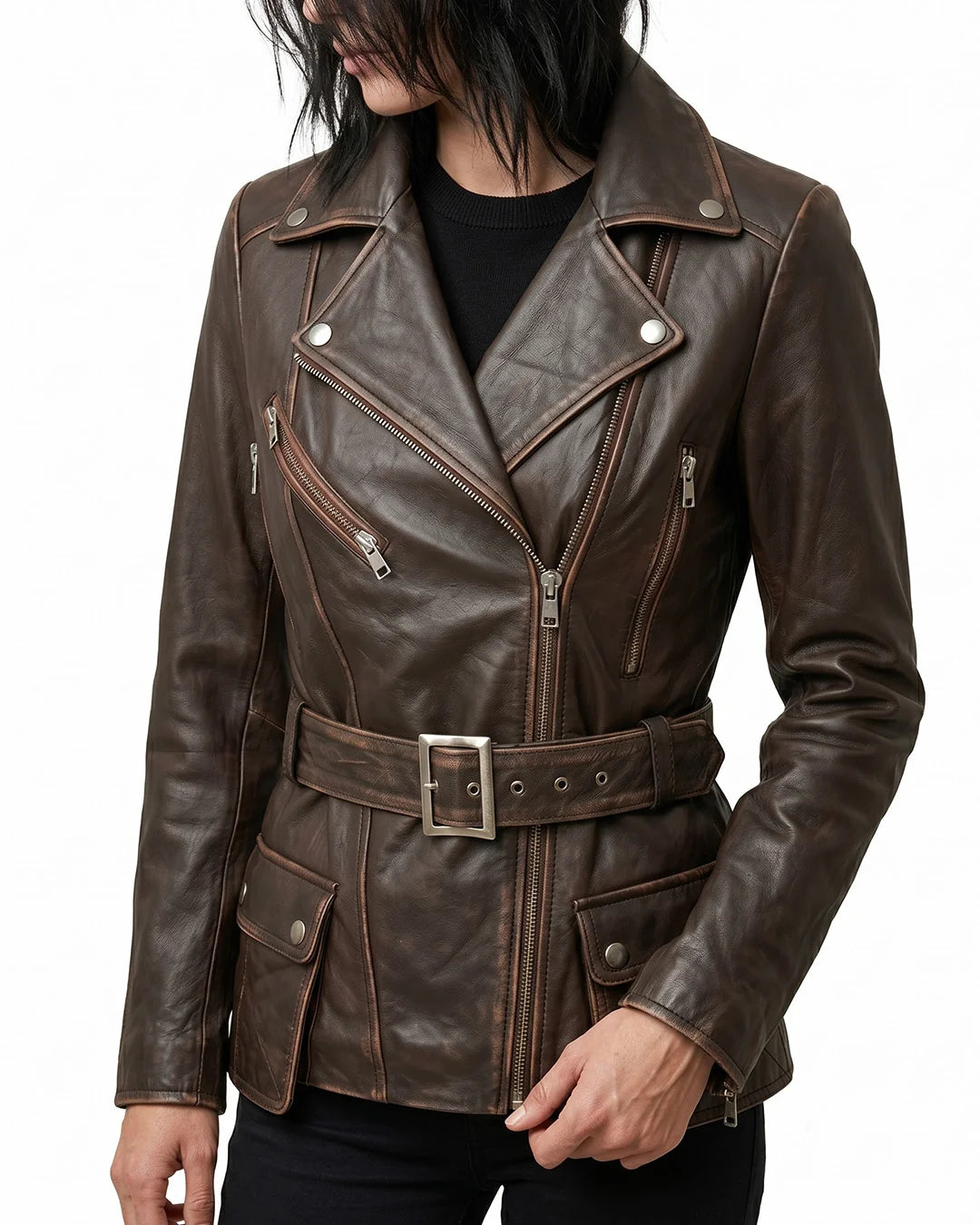 Women's Distressed Brown Belted Leather Jacket - Image 1