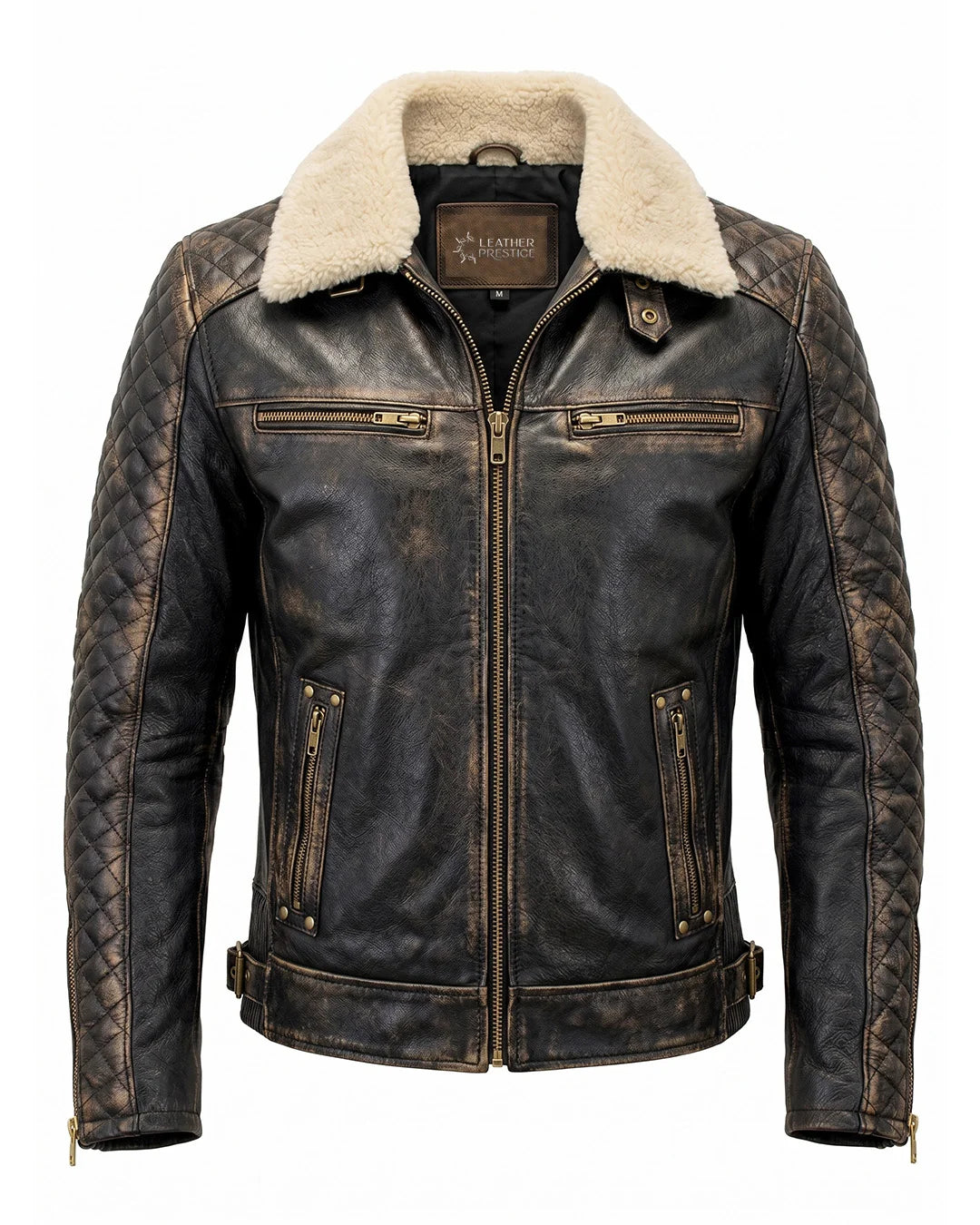 Brown leather jacket with beige fur collar on a white background