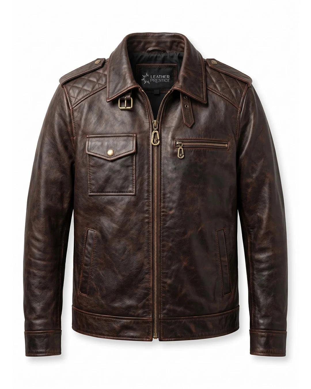 Brown leather jacket on a white background