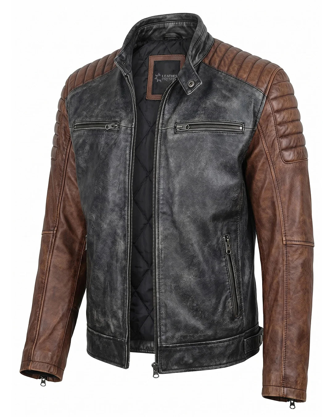 Brown and black leather jacket with visible brand label on a white background