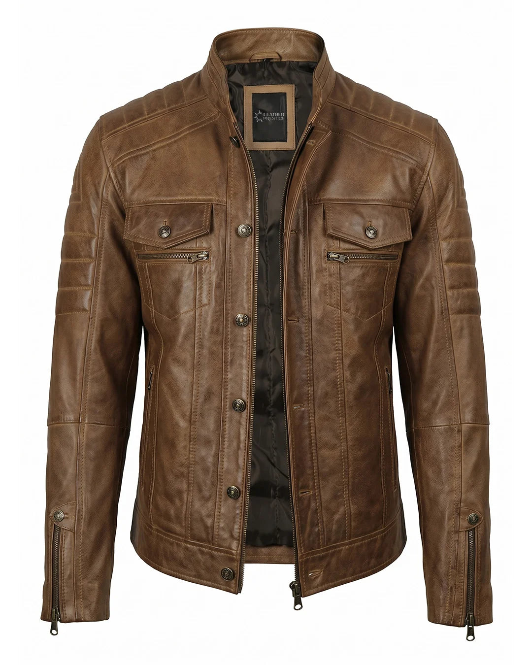 Brown leather jacket on a white background