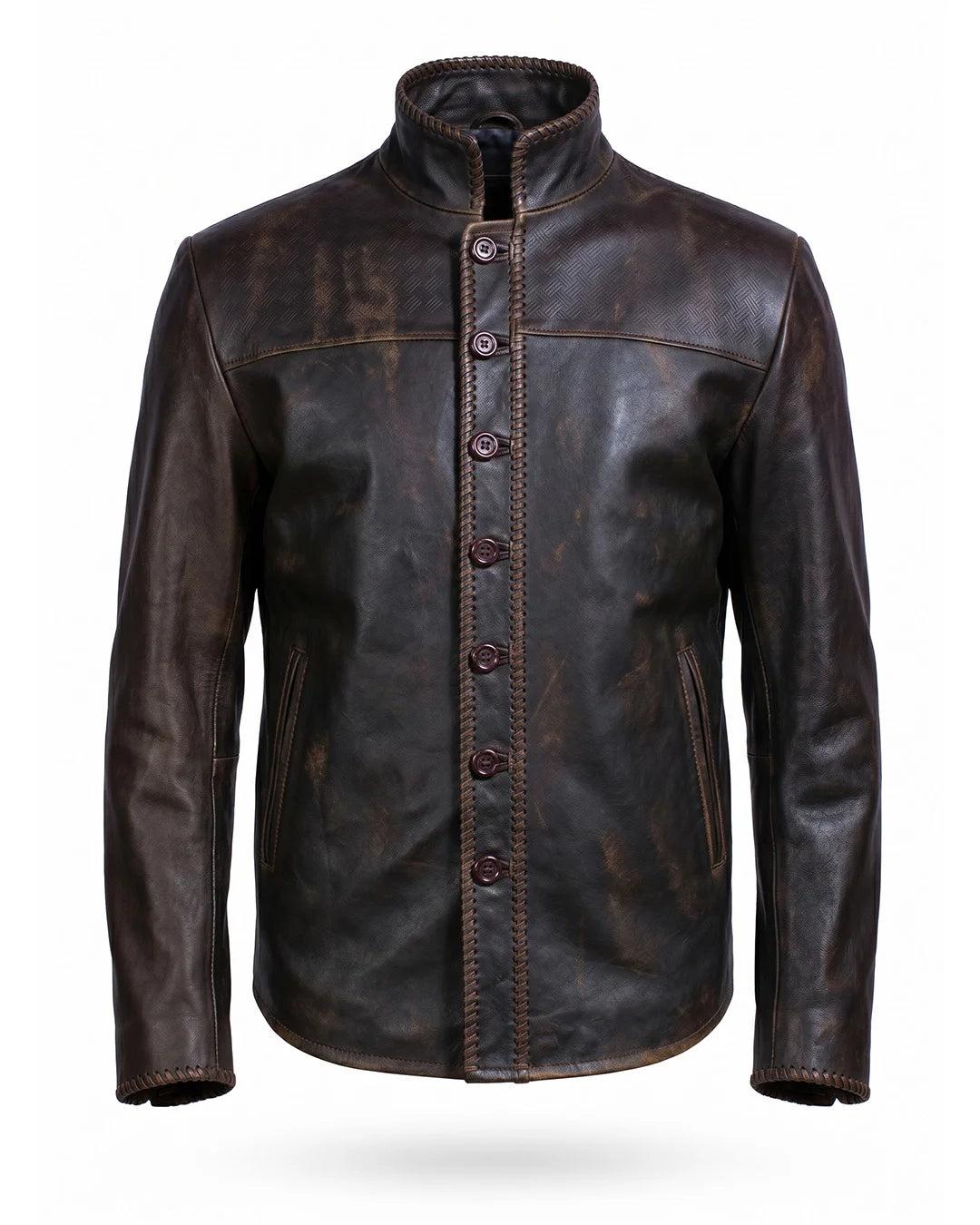 Brown leather jacket on a white background