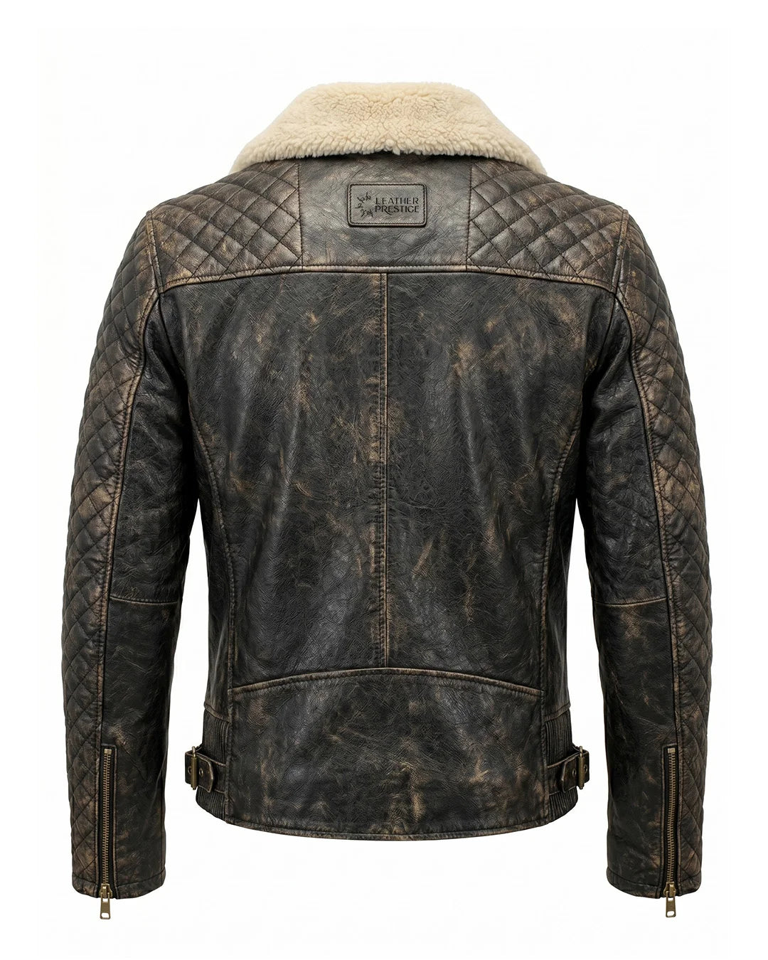 Brown leather jacket with quilted pattern and fur lining on a white background