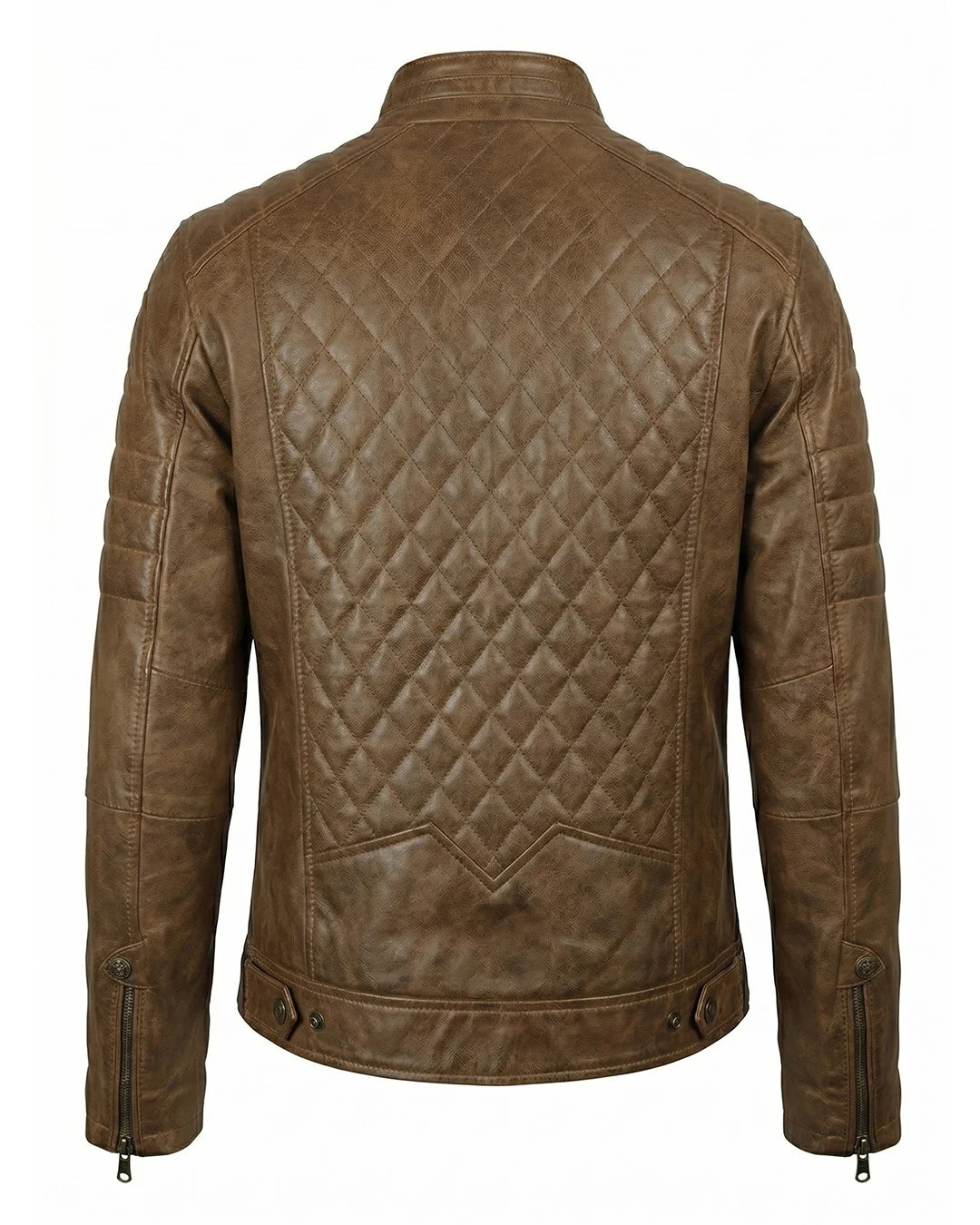 Brown leather jacket with diamond quilted pattern on a white background