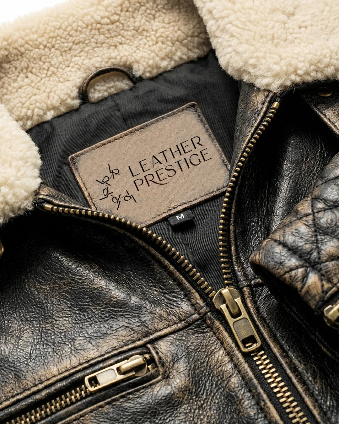 Close-up of a leather jacket with 'Leather Prestige' label
