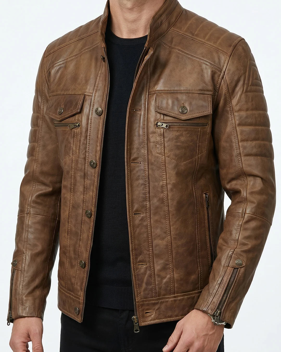 Brown leather jacket worn by a person on a white background