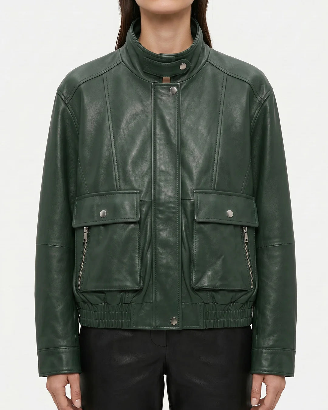 Green Leather Bomber Jacket Women - Image 1