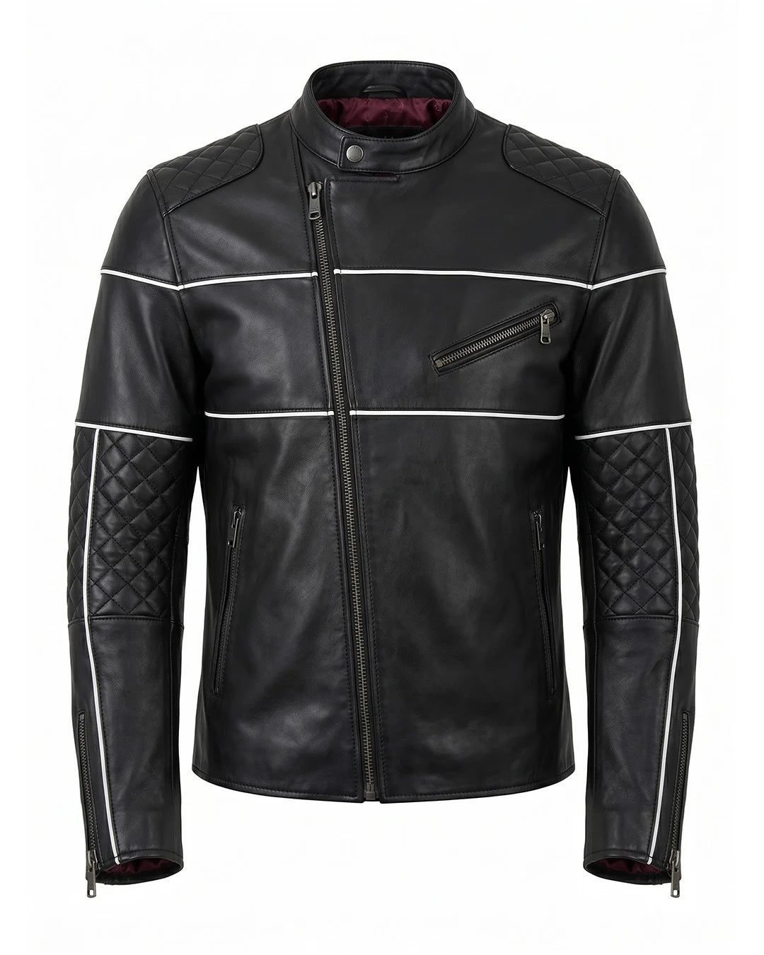 Black leather jacket with white stitching on a white background