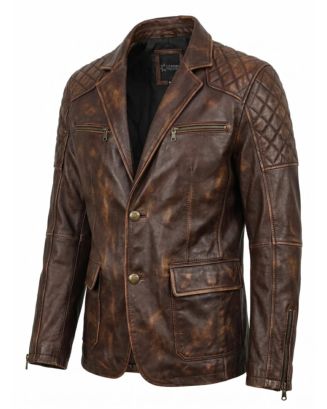 Brown leather jacket with quilted shoulder design on a white background