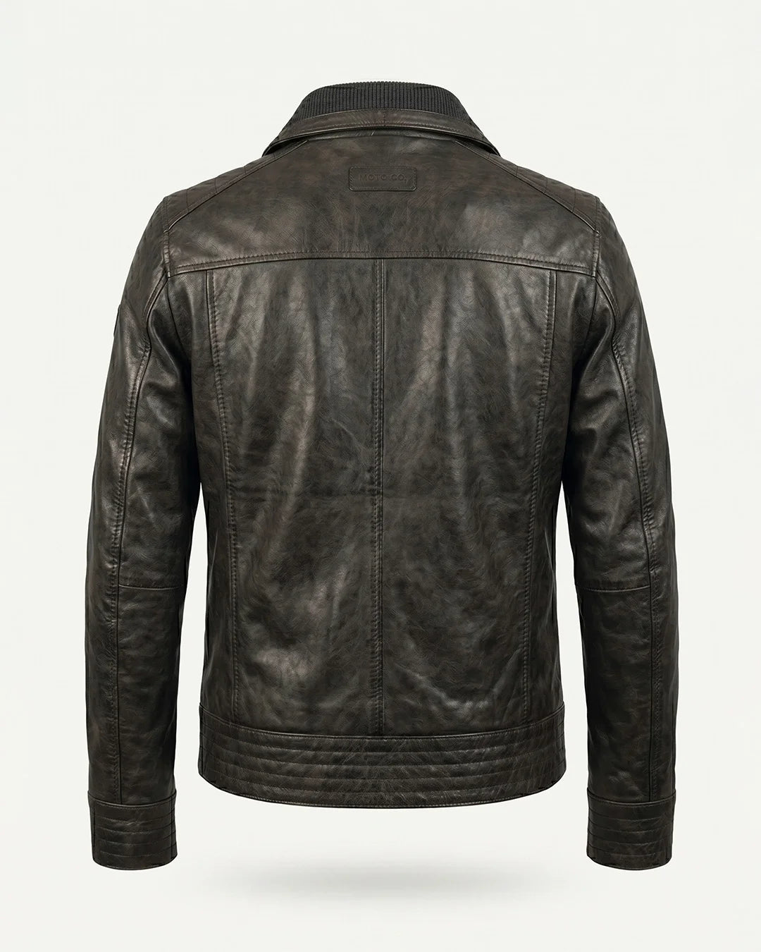 Dark brown leather jacket on a white background