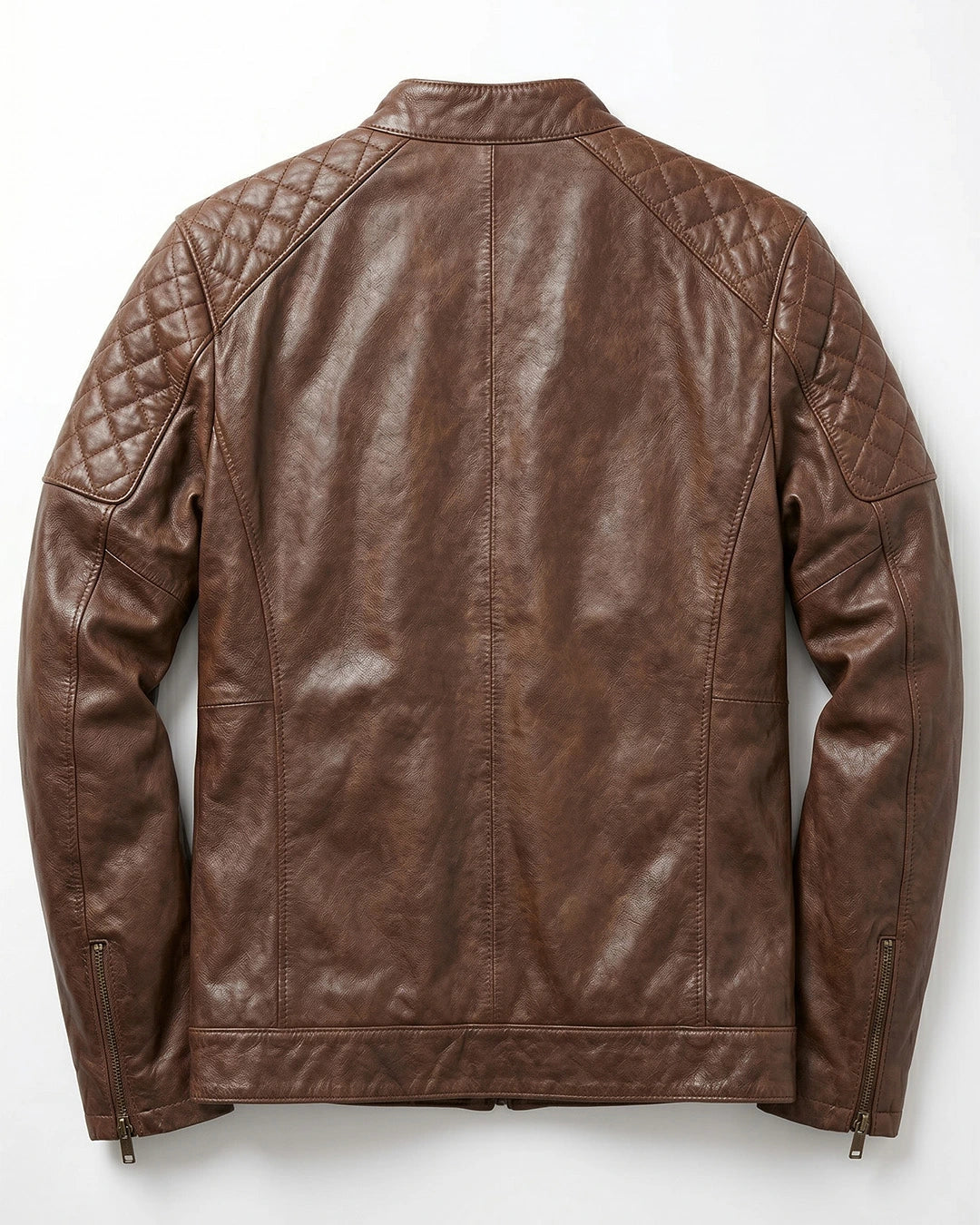 Brown leather jacket with quilted shoulder design on a white background