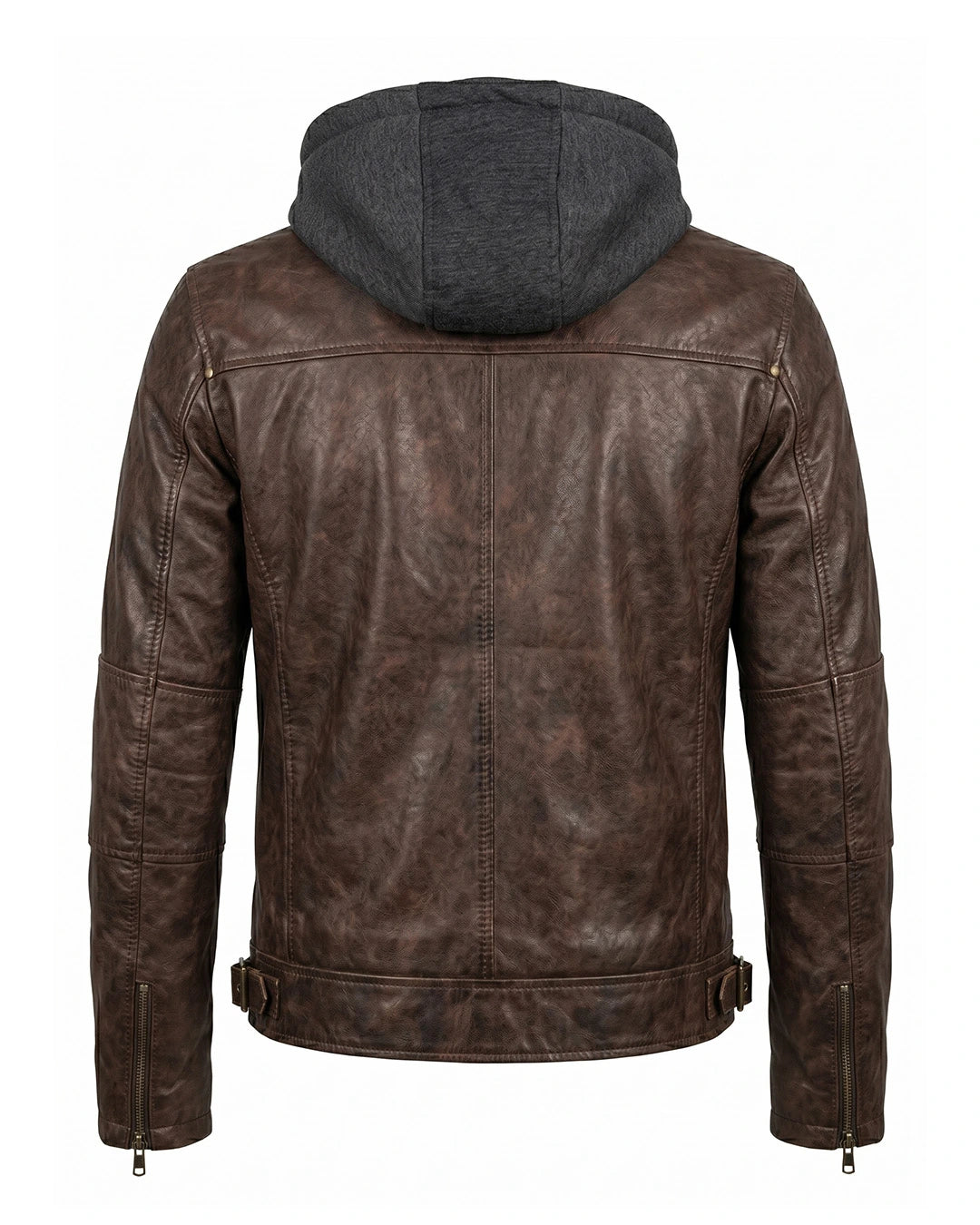 Brown leather jacket with a hood on a white background