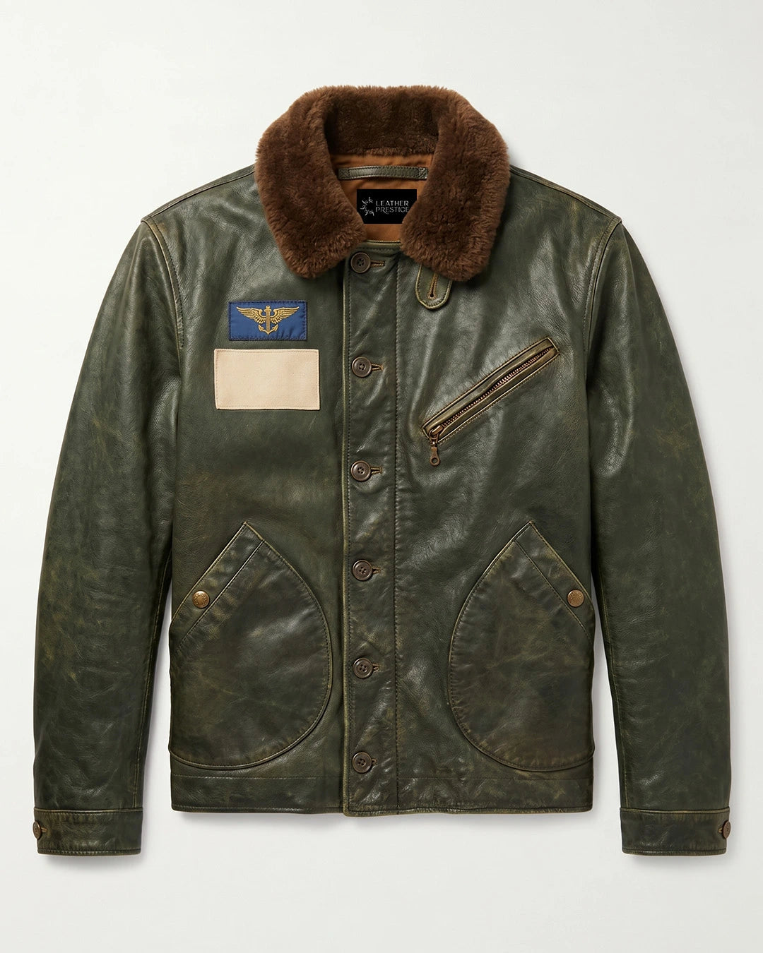 Green leather jacket with fur collar and patches on a white background