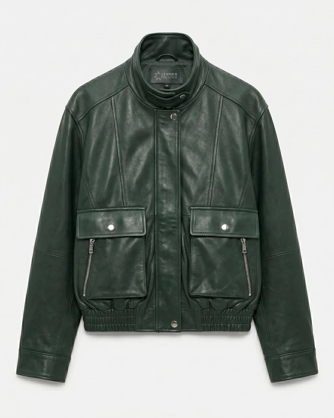 Green leather jacket with two front pockets on a white background