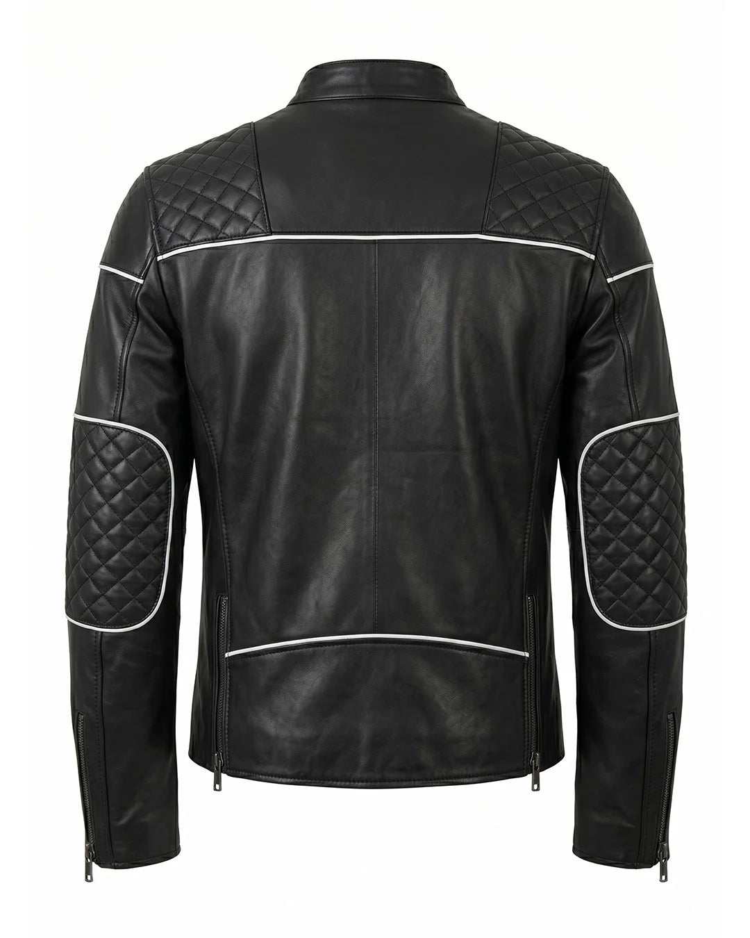 Black leather jacket with quilted arm panels on a white background