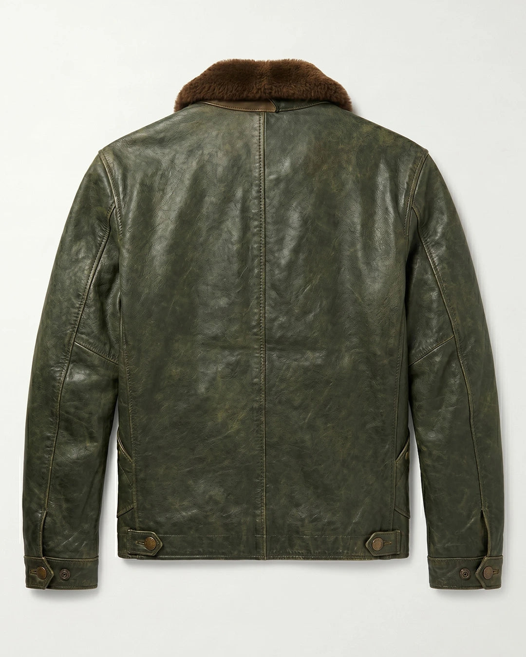 Green leather jacket with fur collar on a white background