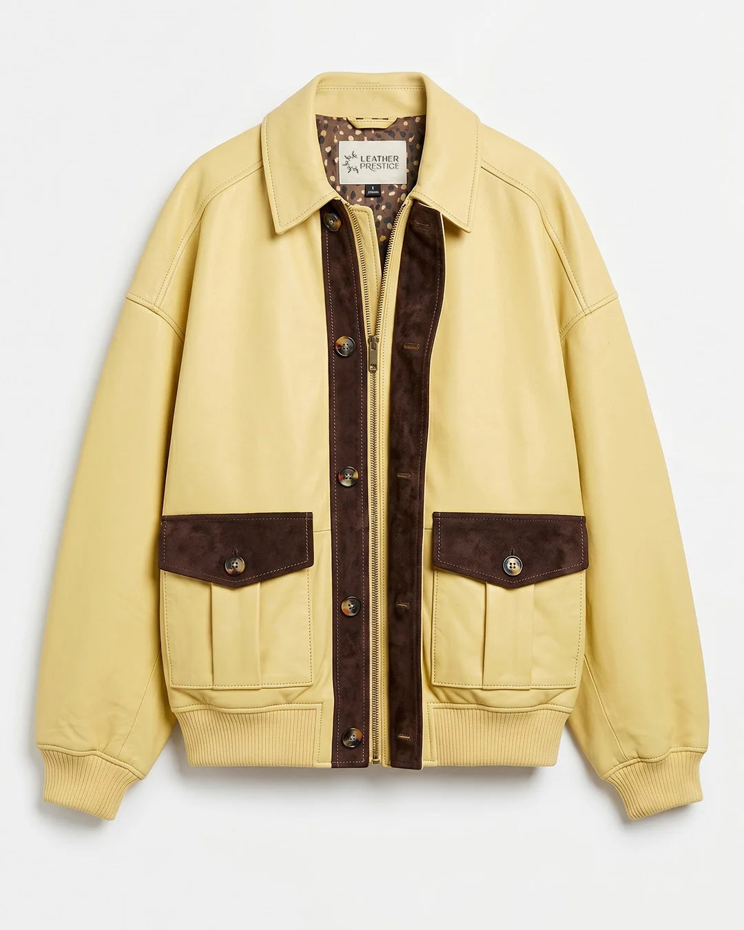Yellow jacket with brown accents on a light gray background