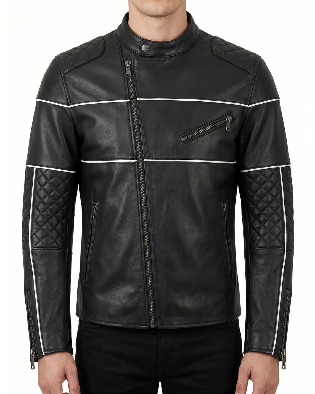 Men's Black Quilted Leather Biker Jacket White Stripes - Image 1