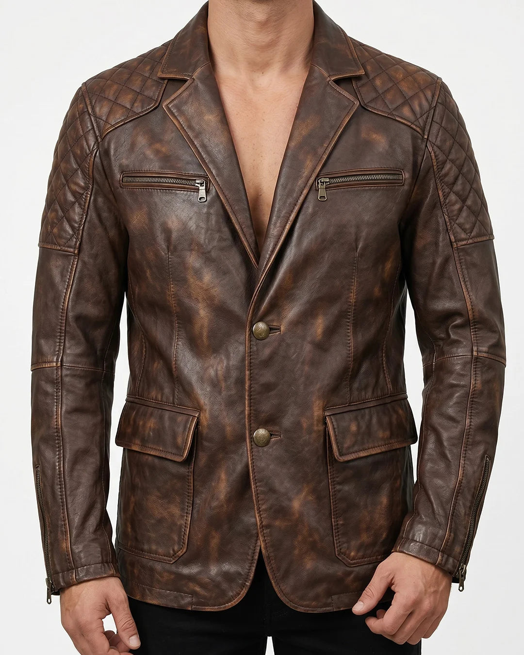 Men's Vintage Brown Quilted Leather Biker Jacket - Image 1