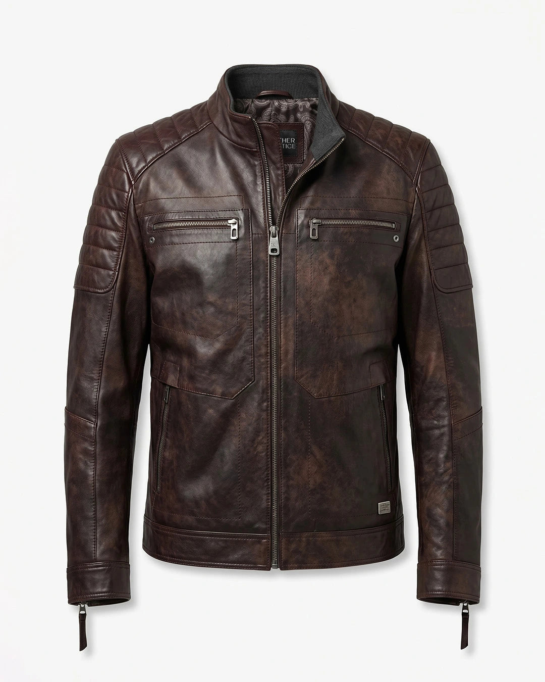 Brown leather jacket on a light gray background