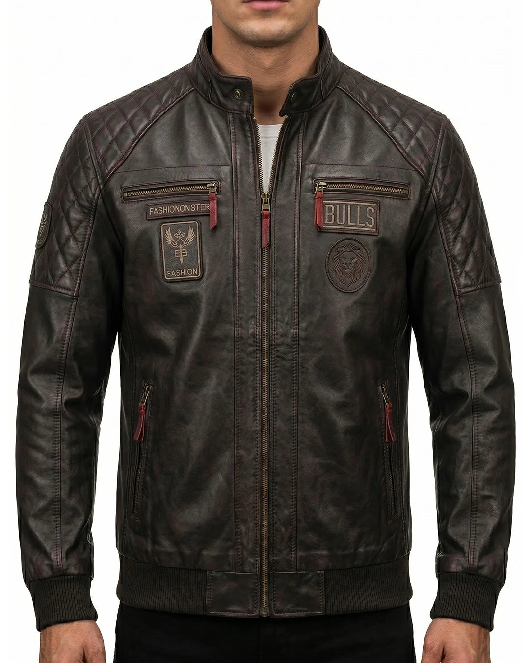 Men's Distressed Brown Quilted Leather Biker Jacket - Image 1