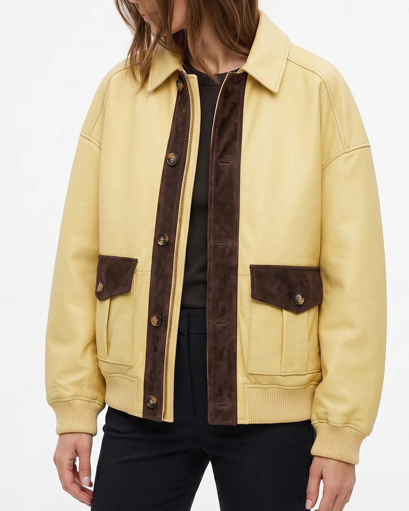 Women's Yellow Leather Bomber Jacket with Suede Trim - Image 1