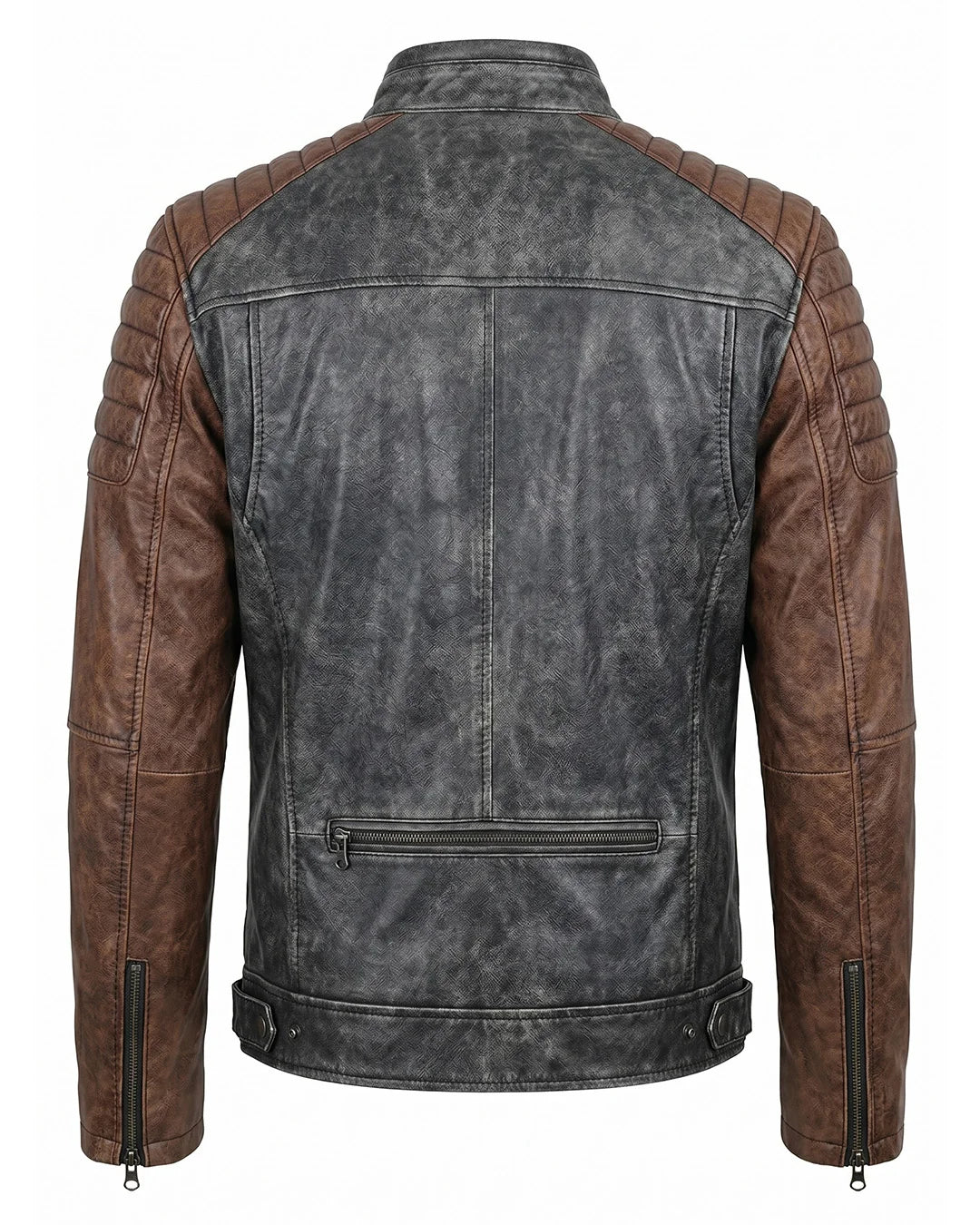 Brown and gray leather jacket on a white background