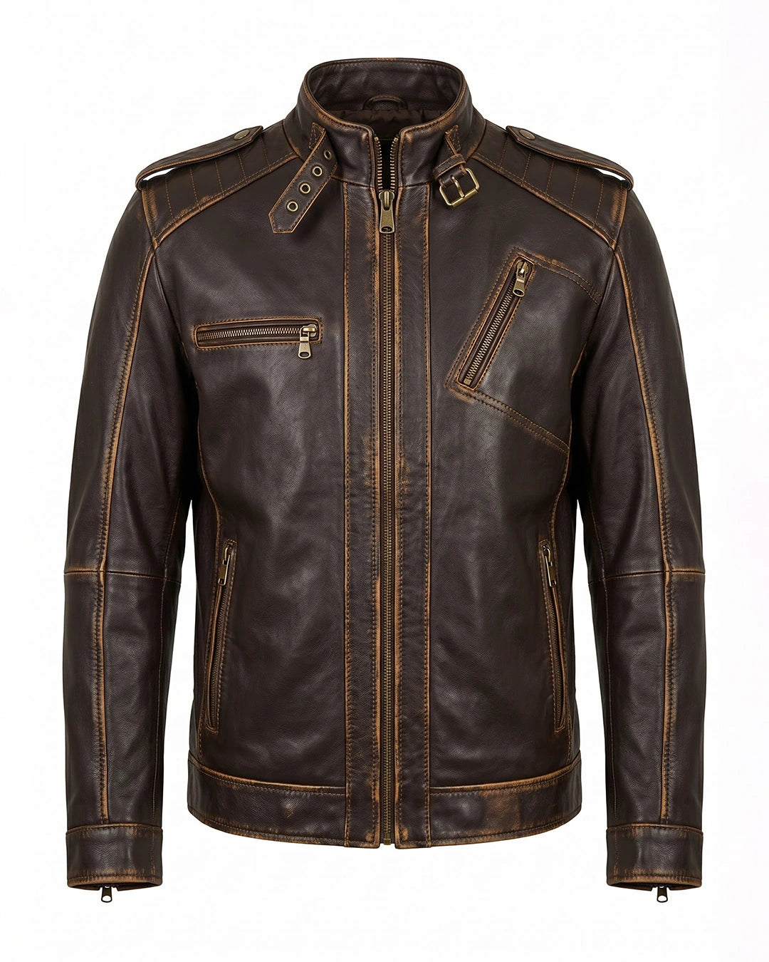 Brown leather jacket with zippers on a white background